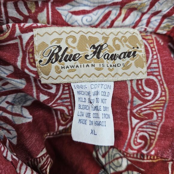 Blue Hawaii Shirt Mens XL Hawaiian Red Tiki Camp Button Up All Over Print - Picture 8 of 9